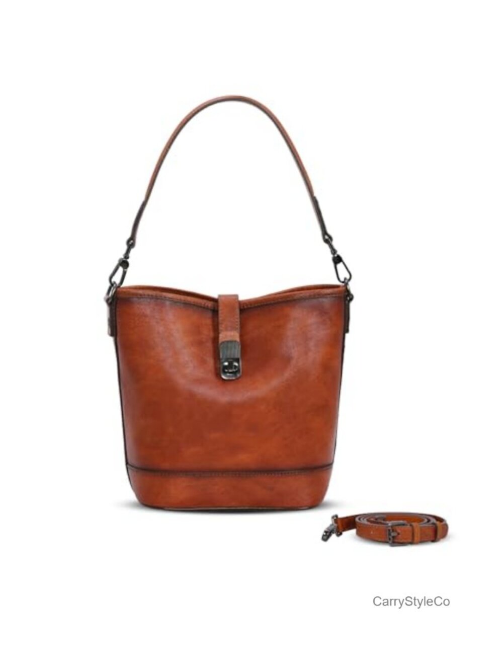 Vegetable-Tanned Leather Crossbody Bucket Bag Adjustable Strap